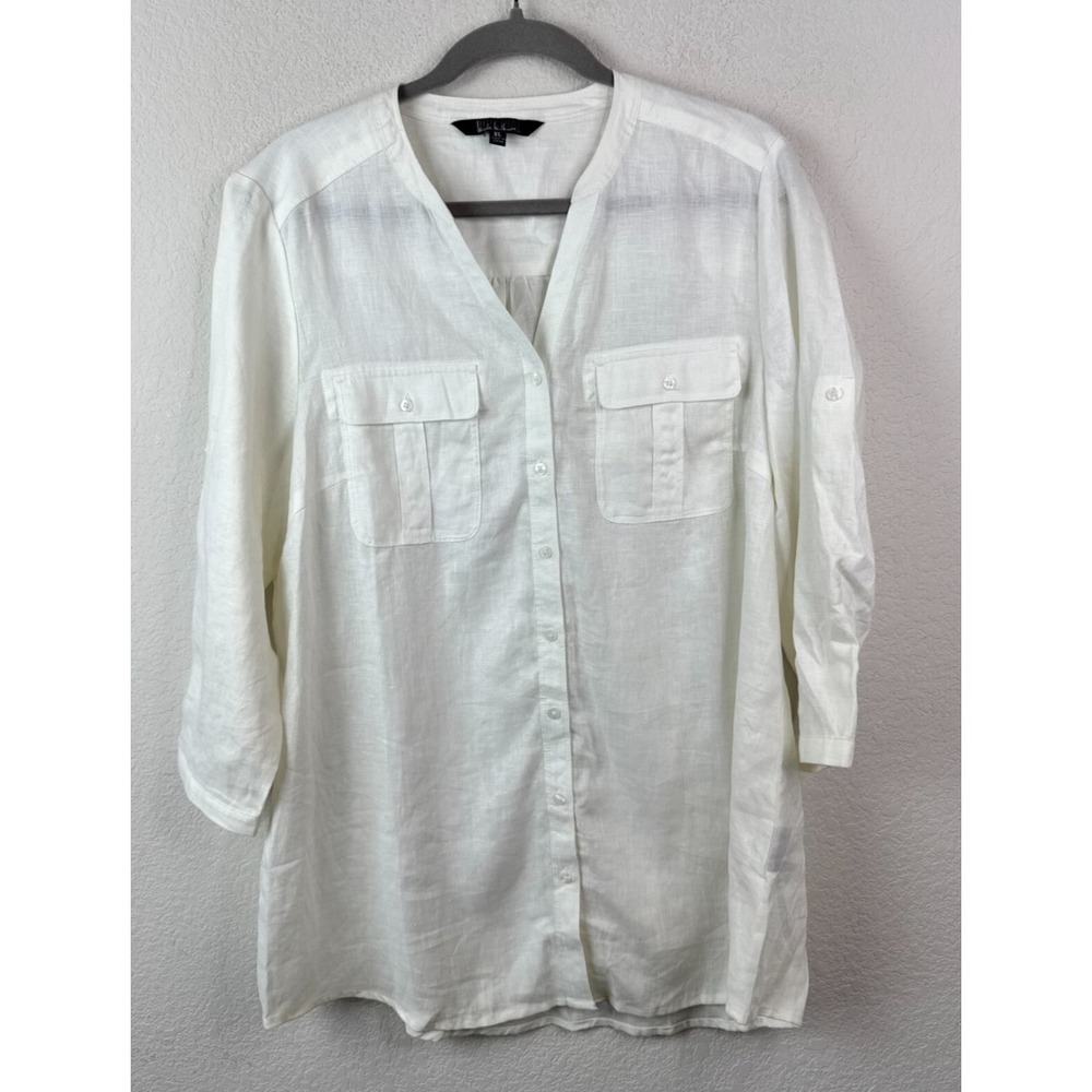 Nicole Miller Original 100% Linen Button Front Shirt Sz XL Off White Coastal